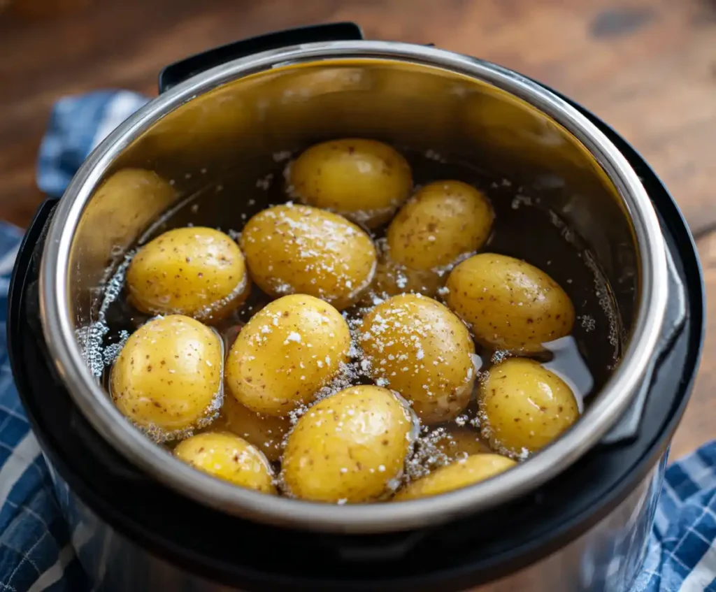 Potatoes with water and salt in pressure cooker before cooking