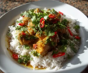 Pressure Cooker Chicken Curry served over rice with cilantro garnish