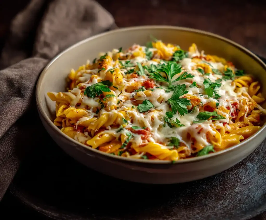 Pressure cooker pasta served with melted cheese and parsley garnish