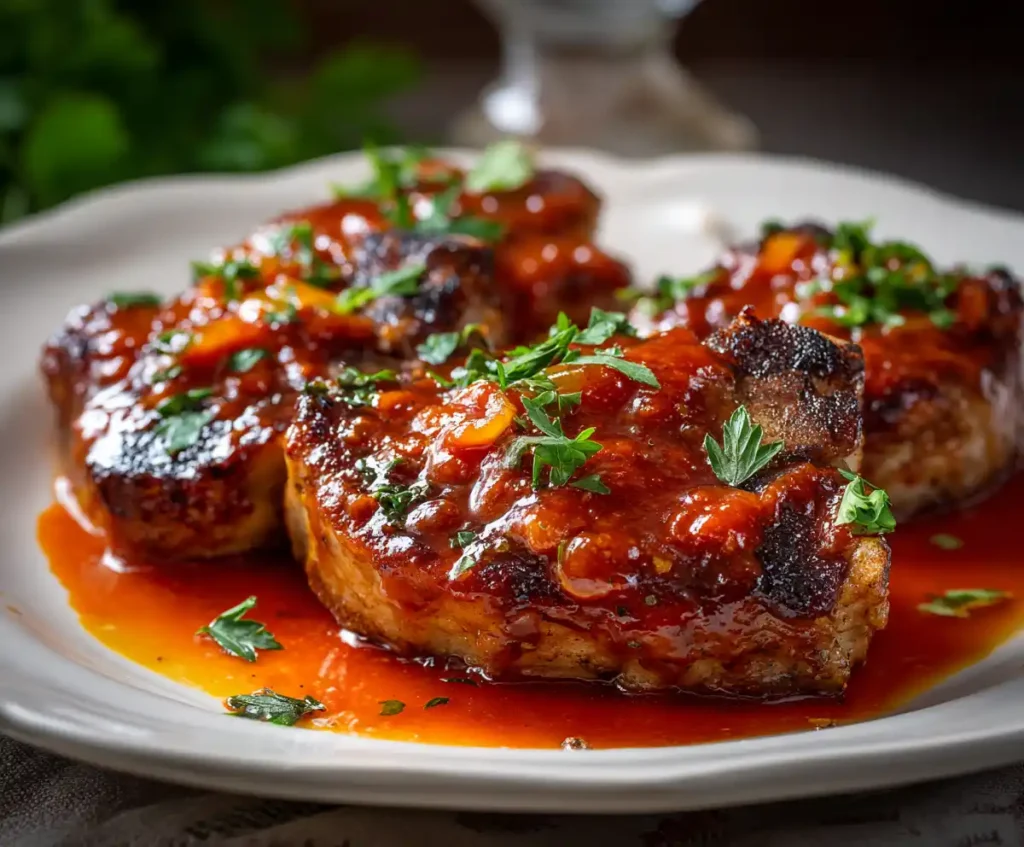 Pressure cooker pork chops in tomato sauce served on plate