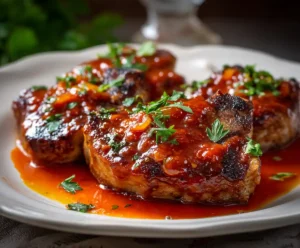 Pressure cooker pork chops in tomato sauce served on plate