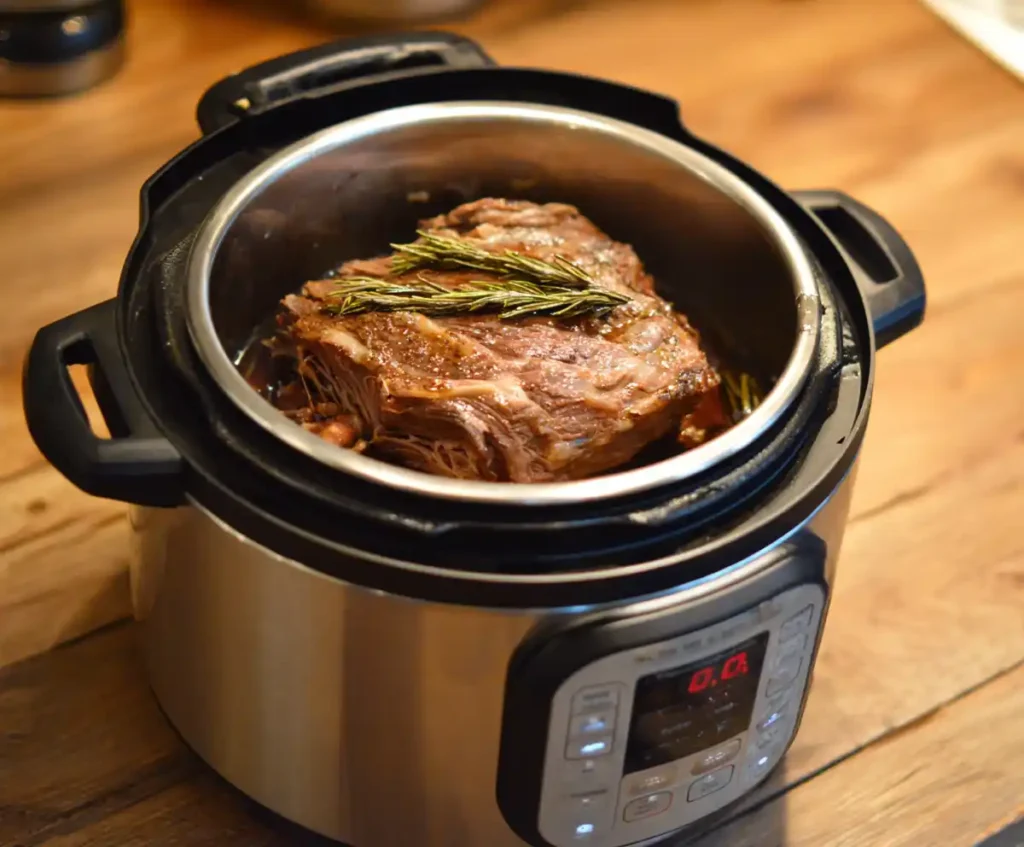 Pressure cooker set to high pressure with pot roast inside