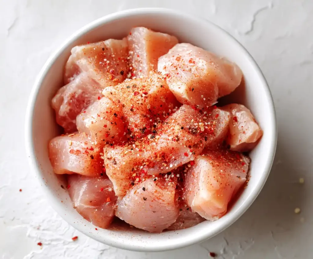 Raw chicken chunks seasoned with paprika for slow cooker chicken and rice