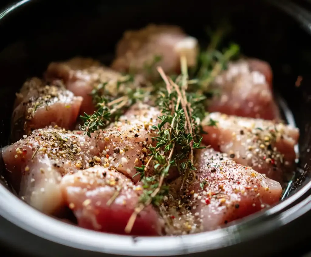 Raw chicken seasoned with herbs in slow cooker for creamy chicken alfredo
