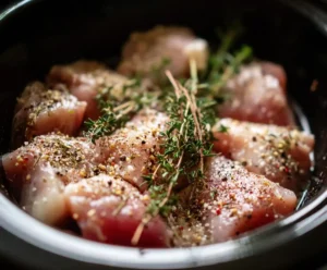 Raw chicken seasoned with herbs in slow cooker for creamy chicken alfredo