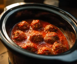 Raw meatballs placed in tomato sauce in slow cooker