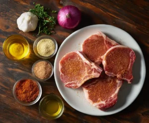 Raw pork chops seasoned with paprika and garlic before air frying