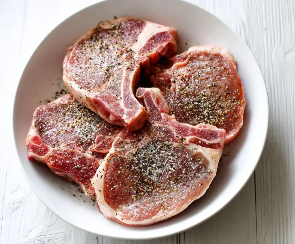 Raw pork chops seasoned with salt and pepper for pressure cooker recipe