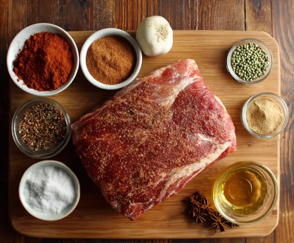 Raw pork shoulder coated with spices for slow cooker pork carnitas