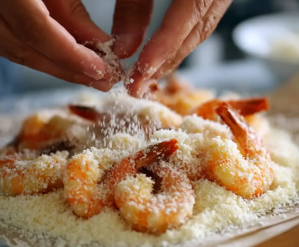 Raw shrimp coated in coconut and panko for crispy air fryer coconut shrimp