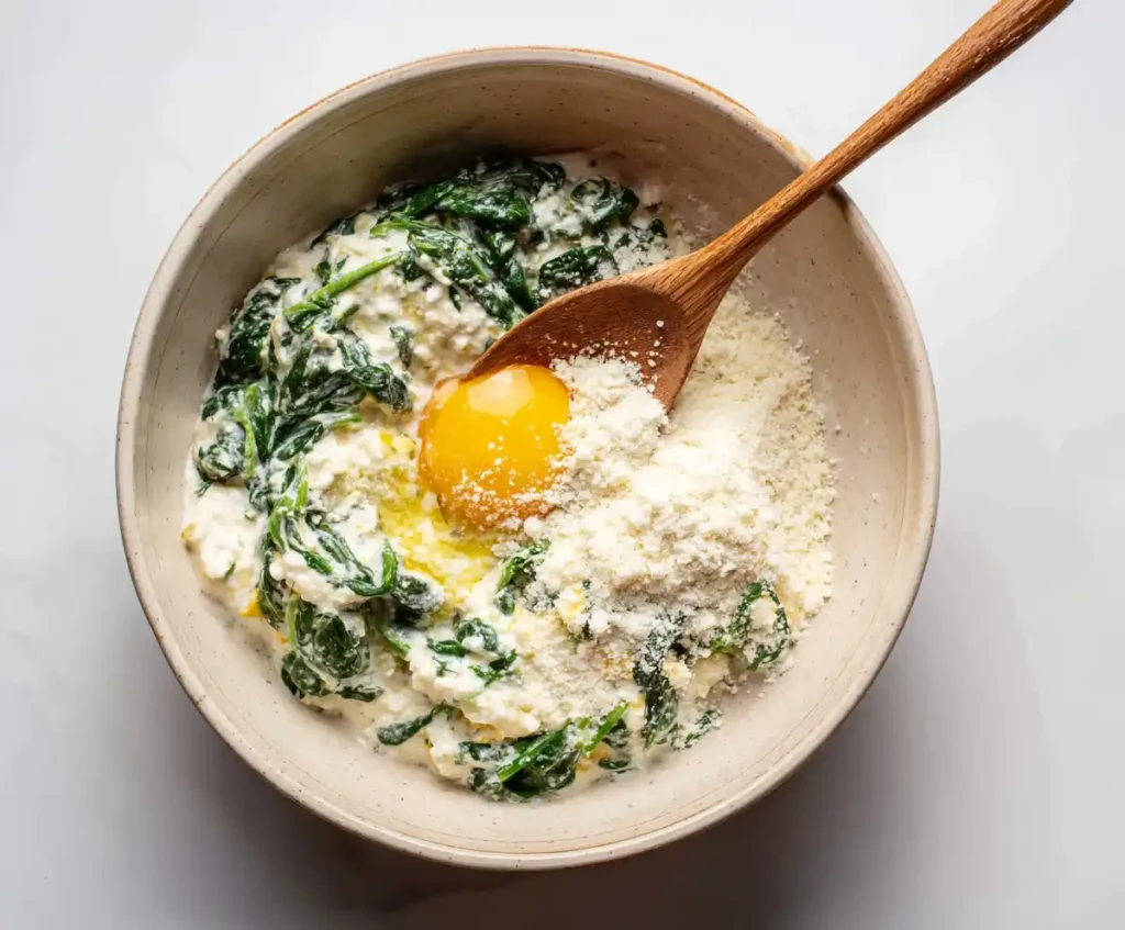 Ricotta and spinach mixture with egg and parmesan for stuffed shells filling