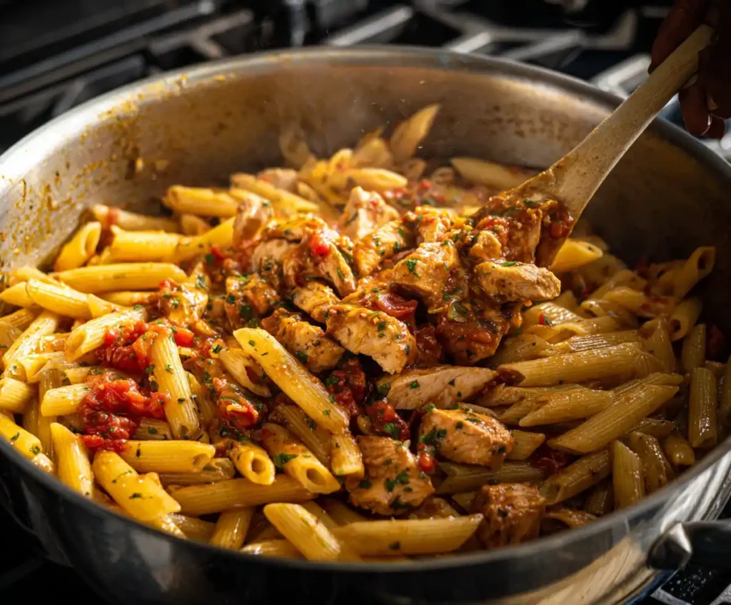 Rigatoni mixed with chicken marinara sauce in bowl for casserole