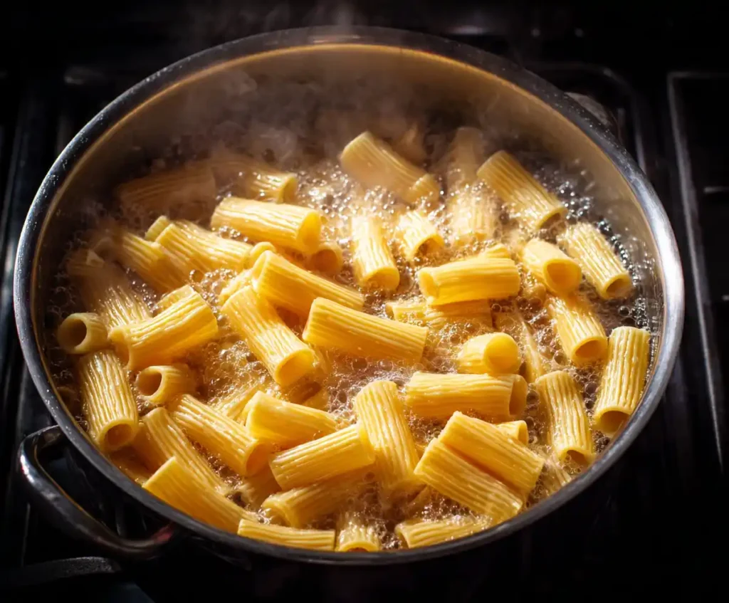 Rigatoni pasta boiling in salted water for Chicken Parmesan Pasta Bake