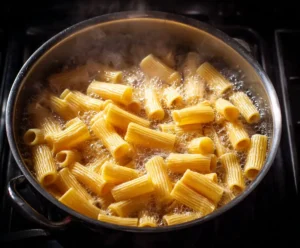 Rigatoni pasta boiling in salted water for Chicken Parmesan Pasta Bake