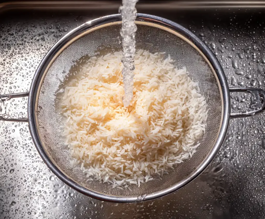 Rinsing white rice in strainer before making rice pudding with raisins