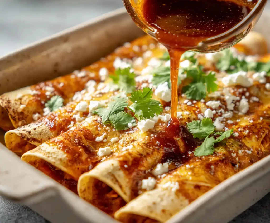 Rolled tortillas in baking dish topped with enchilada sauce and cheese