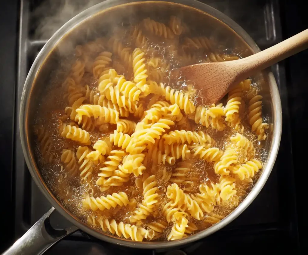 Rotini pasta boiling in pot of salted water