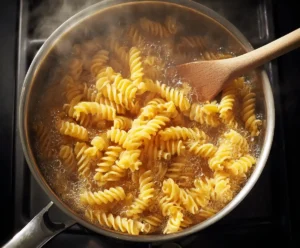 Rotini pasta boiling in pot of salted water