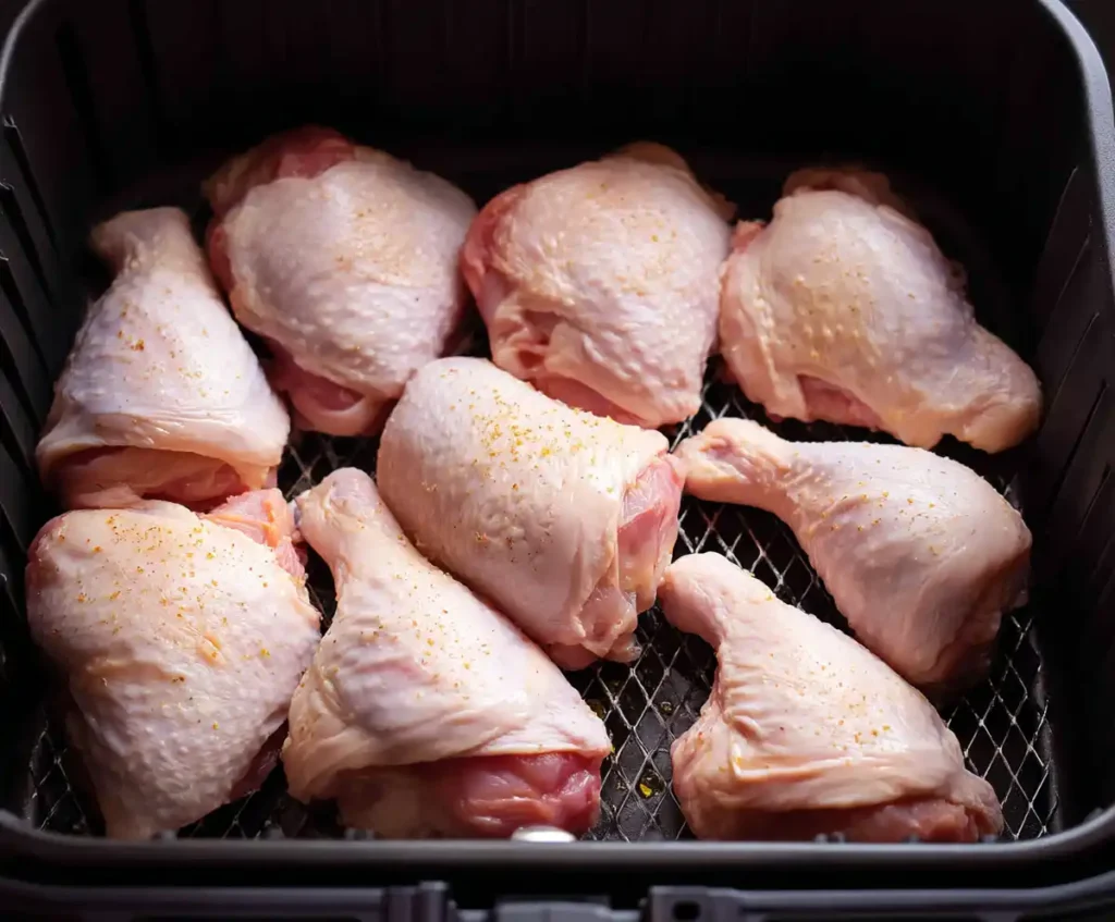 Seasoned chicken arranged in air fryer basket before cooking