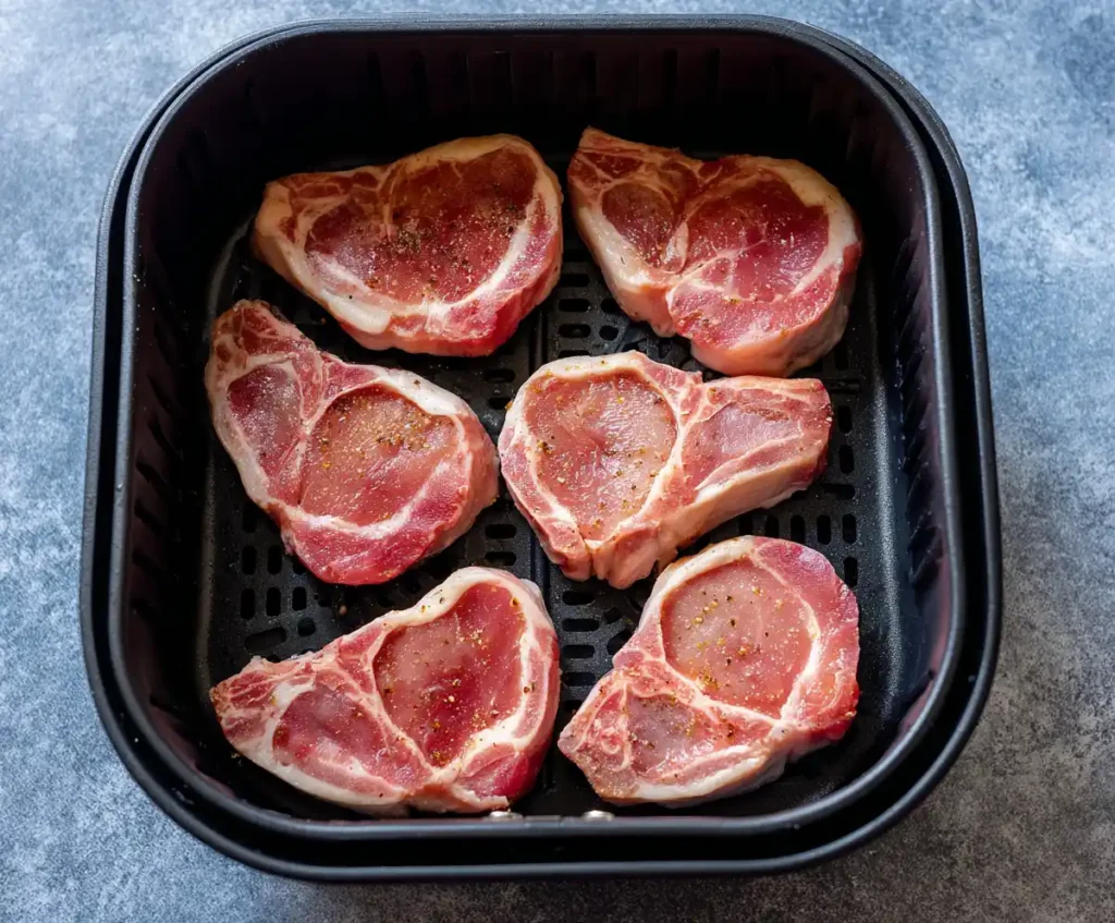 Seasoned pork chops placed in air fryer basket
