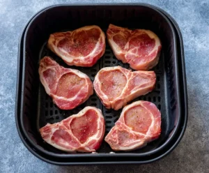 Seasoned pork chops placed in air fryer basket