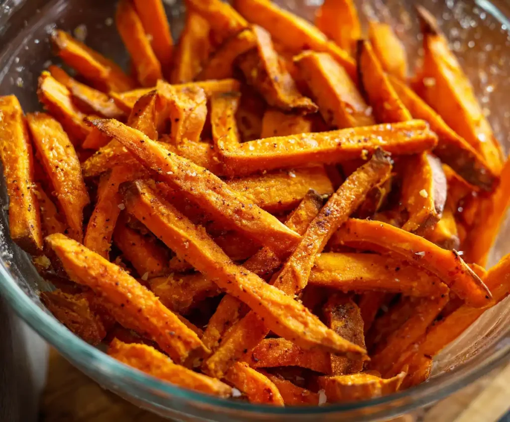 Seasoned sweet potato fries in bowl ready for air fryer