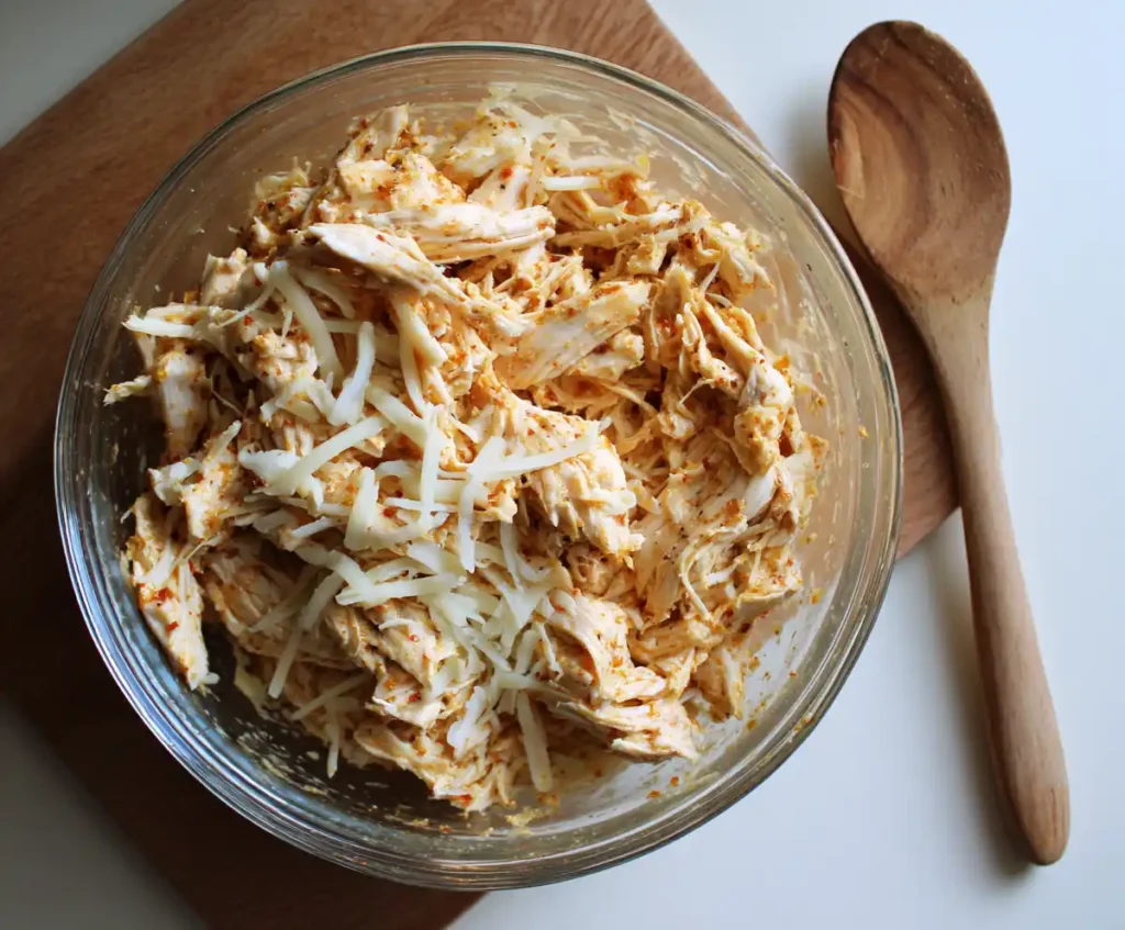 Shredded chicken mixed with cheese and enchilada sauce for enchilada filling