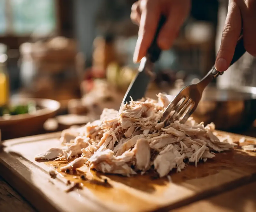 Shredded chicken on cutting board for cooker soup