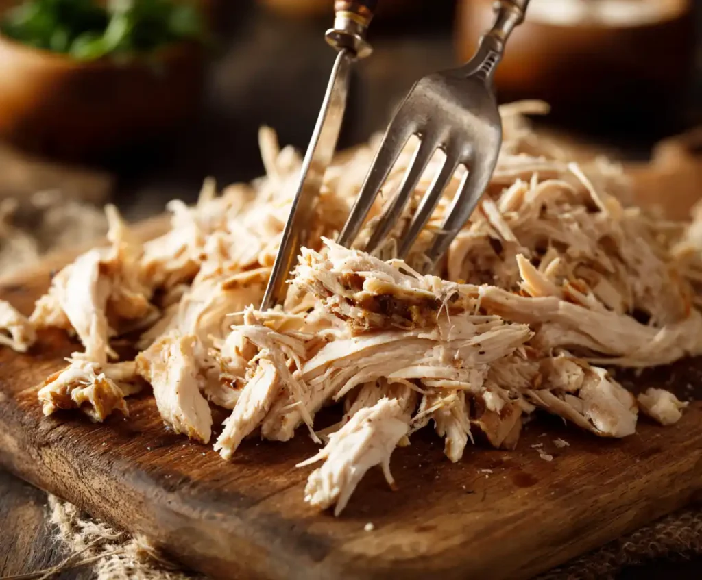 Shredded chicken prepared for slow cooker white chicken chili