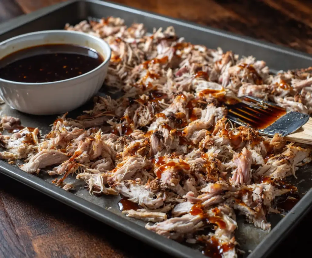Shredded pork carnitas on baking sheet before broiling