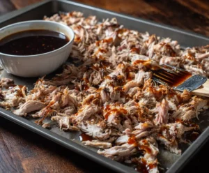 Shredded pork carnitas on baking sheet before broiling