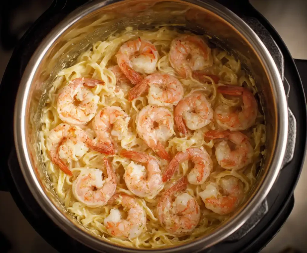 Shrimp added to creamy Alfredo pasta in Instant Pot