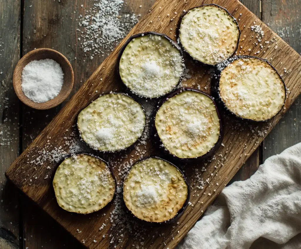 Sliced eggplant rounds sprinkled with salt on cutting board for air fryer eggplant parmesan