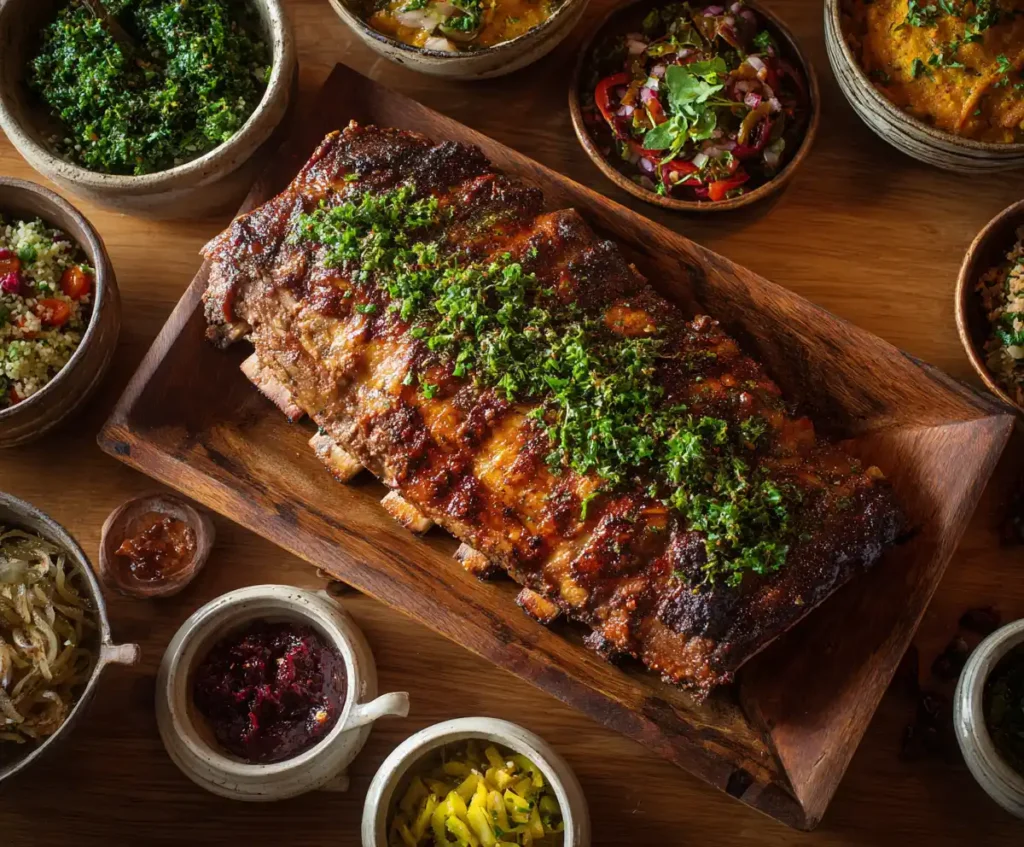 Slow cooker BBQ ribs garnished with parsley ready to serve