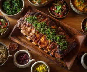 Slow cooker BBQ ribs garnished with parsley ready to serve