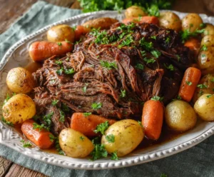 Slow cooker pot roast served with carrots and potatoes on white platter