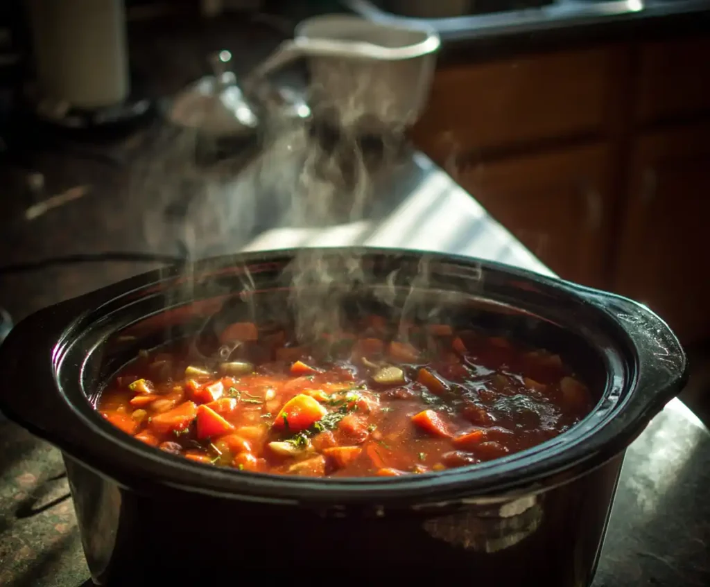Slow cooker simmering minestrone soup with vegetables in tomato broth