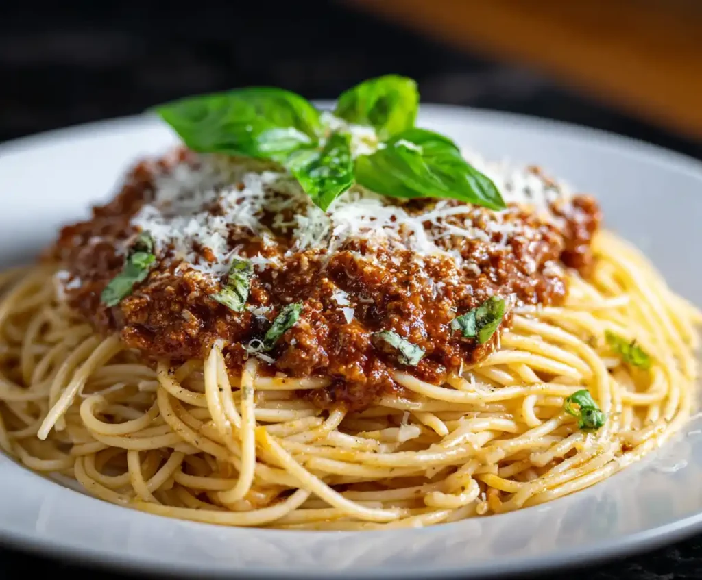 Spaghetti Bolognese served with Parmesan and basil