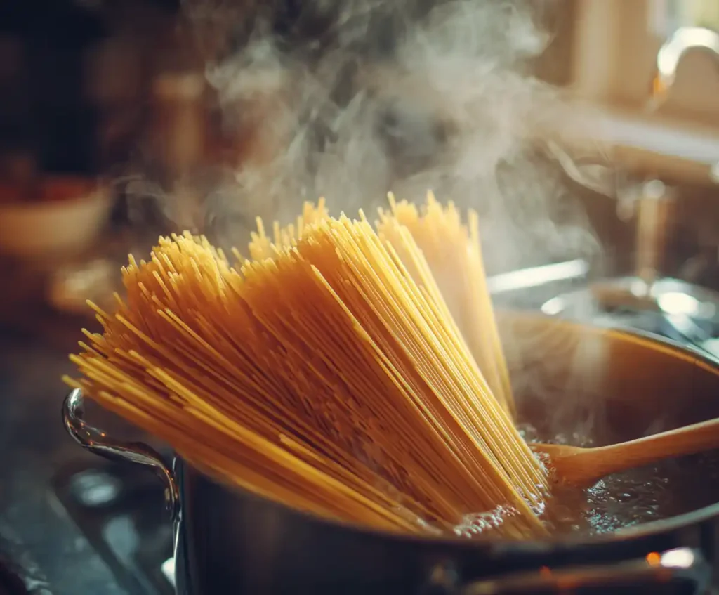 Spaghetti cooking in boiling water for lemon garlic pasta