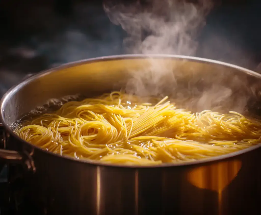 Spaghetti pasta cooking in pot of boiling water