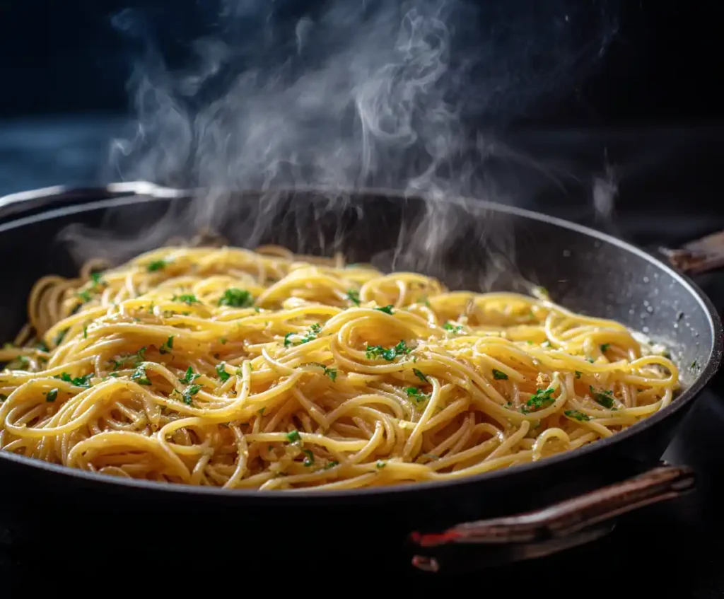 Spaghetti tossed with lemon garlic sauce in skillet