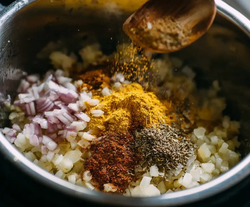 Spices added to onions in Instant Pot for chicken curry
