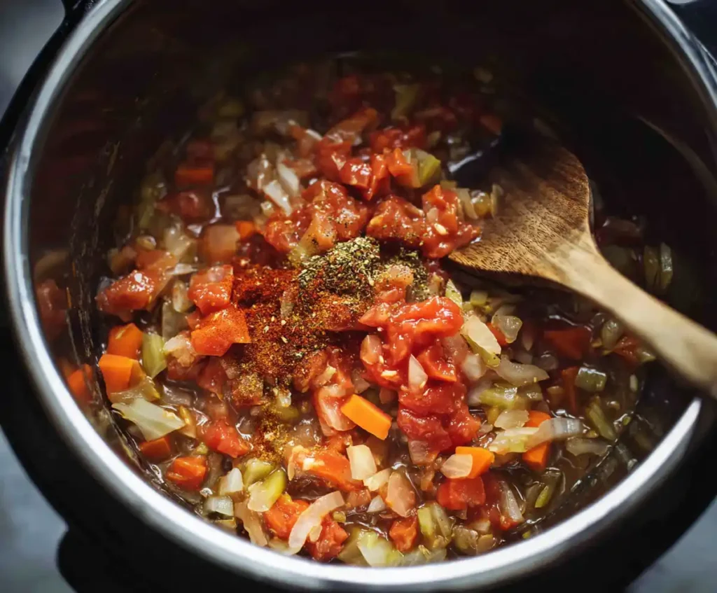 Spices and tomatoes mixed with vegetables in Instant Pot for lentil soup
