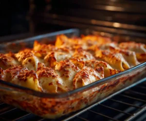 Spinach and ricotta stuffed shells baked with golden melted cheese