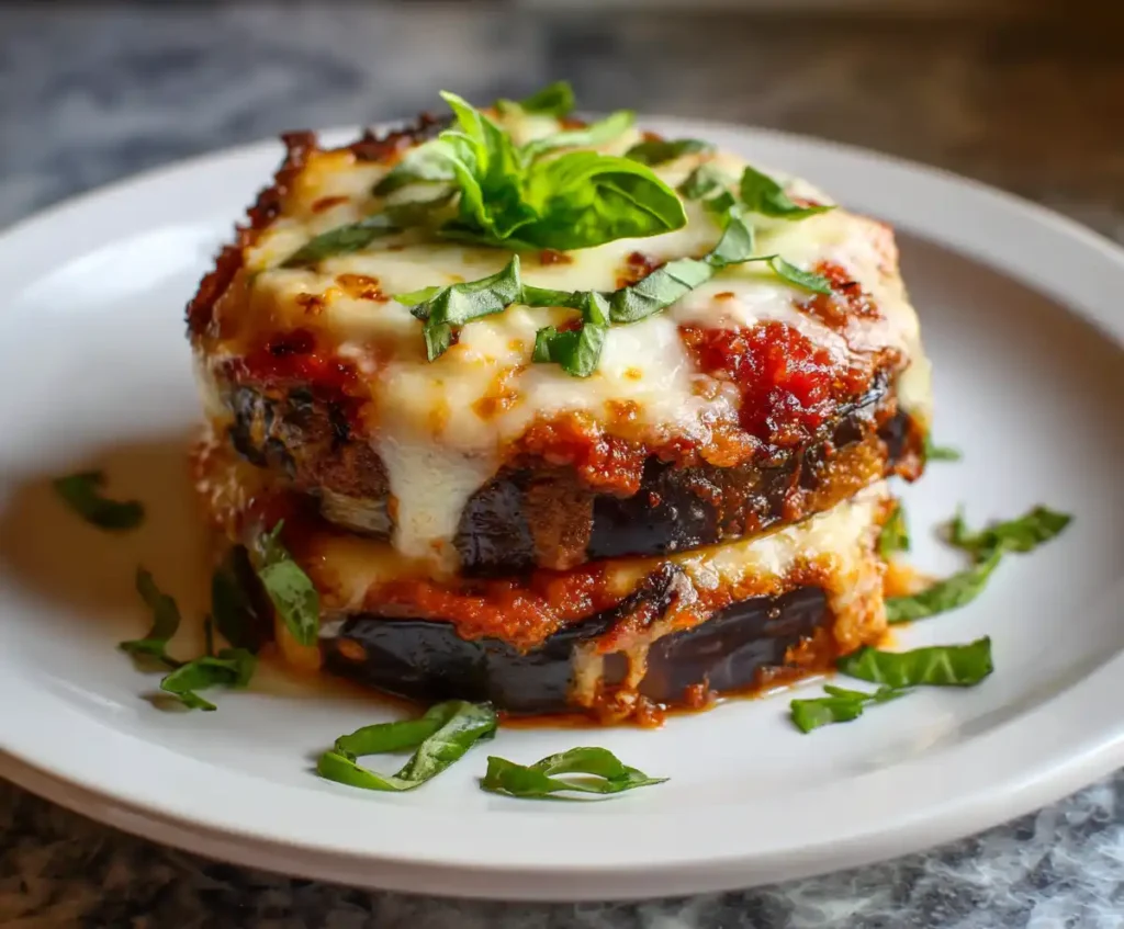 Stacked air fryer eggplant parmesan topped with basil and marinara sauce