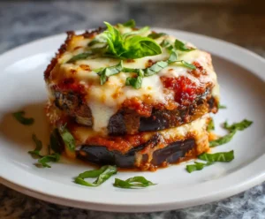 Stacked air fryer eggplant parmesan topped with basil and marinara sauce