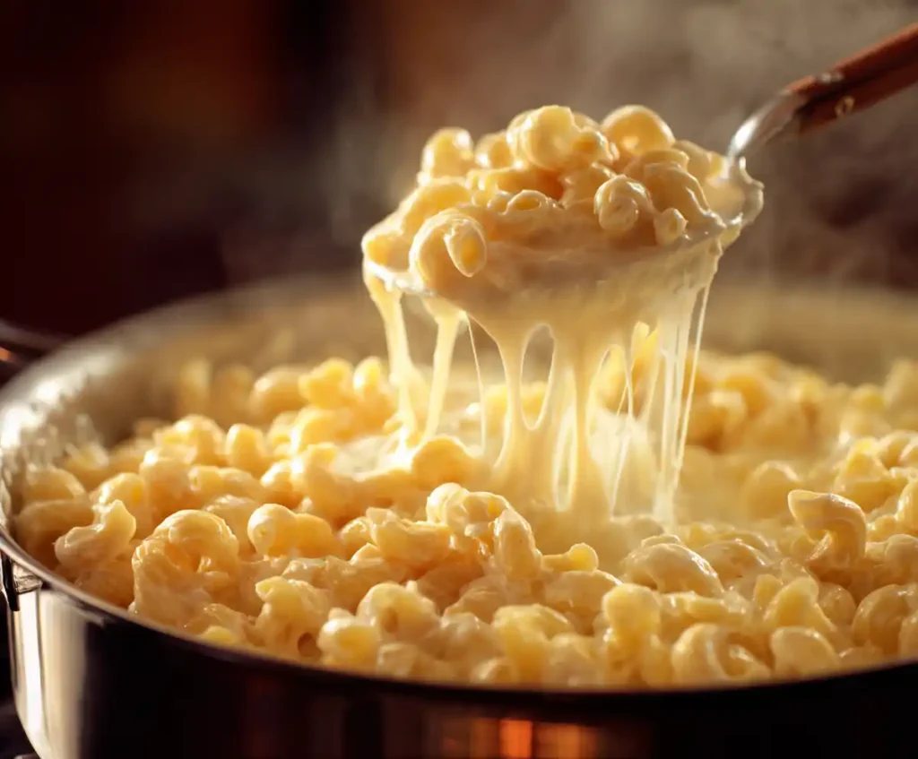 Stirring creamy cheese sauce into macaroni for one-pot mac and cheese