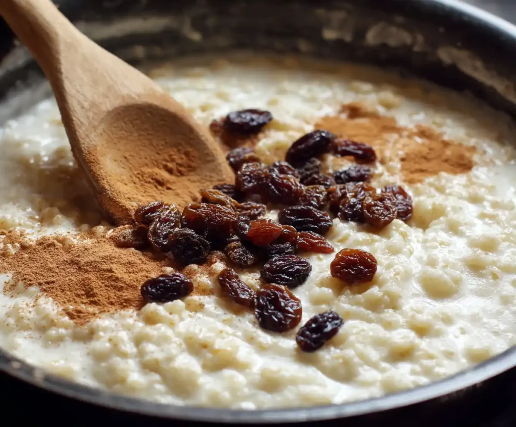 Stirring raisins and cinnamon into rice pudding with raisins
