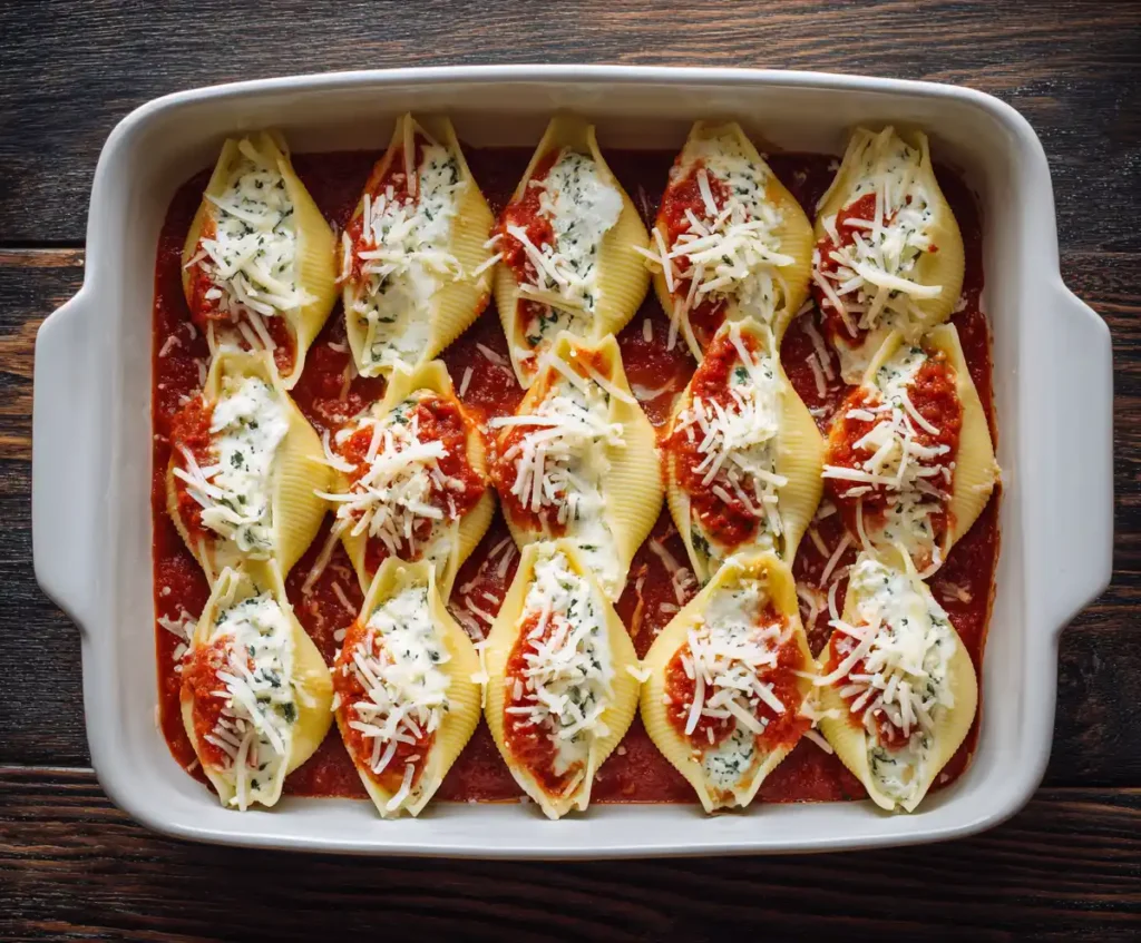 Stuffed pasta shells topped with marinara and mozzarella in baking dish