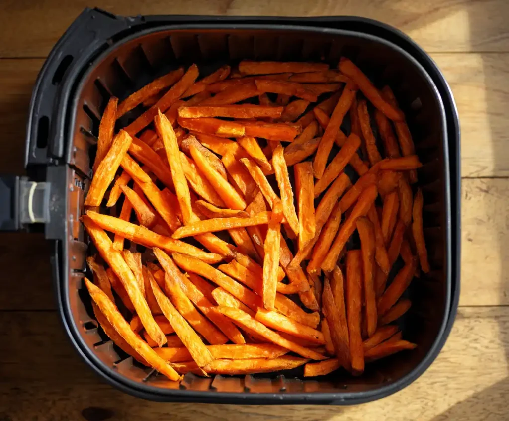 Sweet potato fries arranged in air fryer basket before cooking